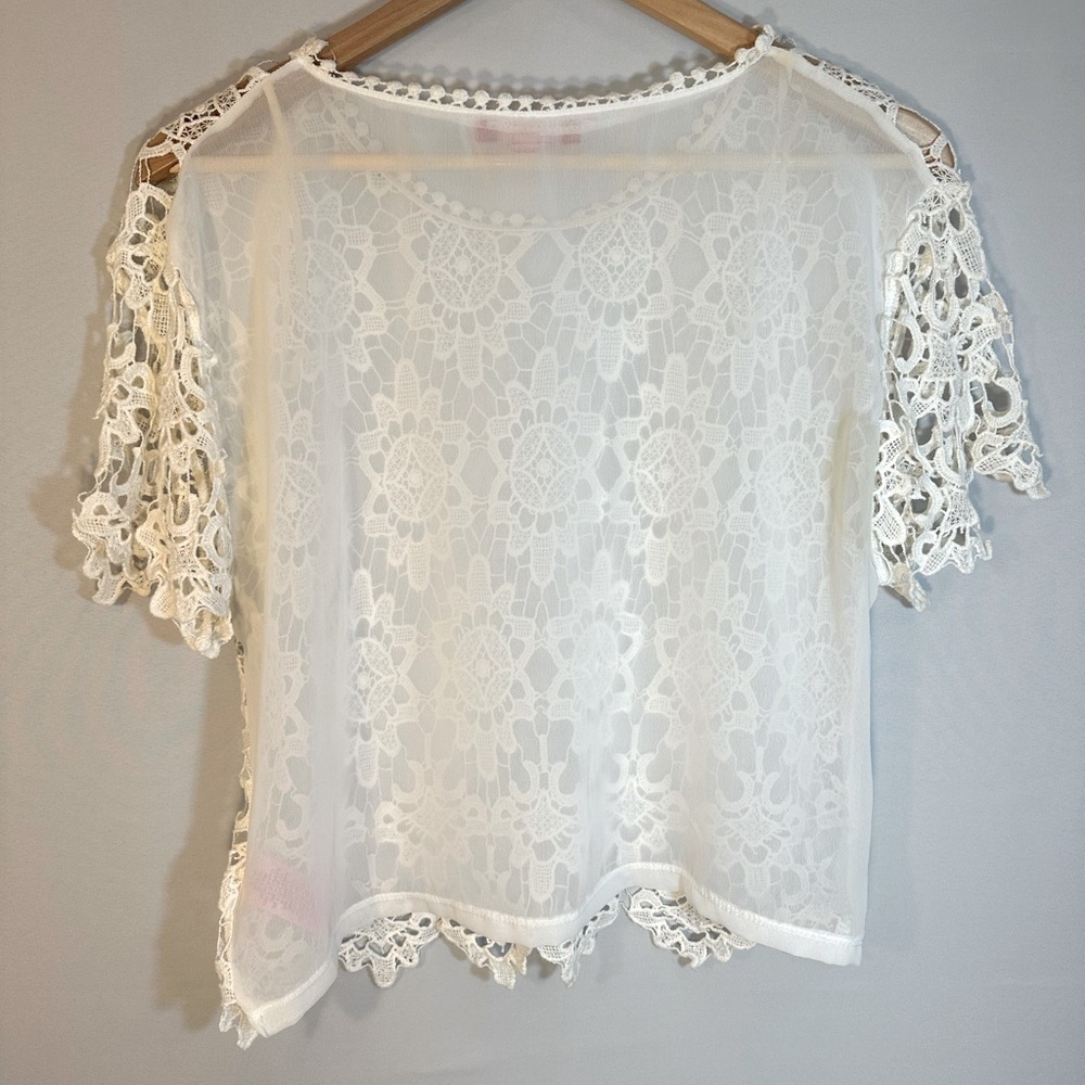 Derek Heart Women Blouse Front Lace Short Sleeves Side Slits Cream Ivory Size XL - Picture 9 of 11